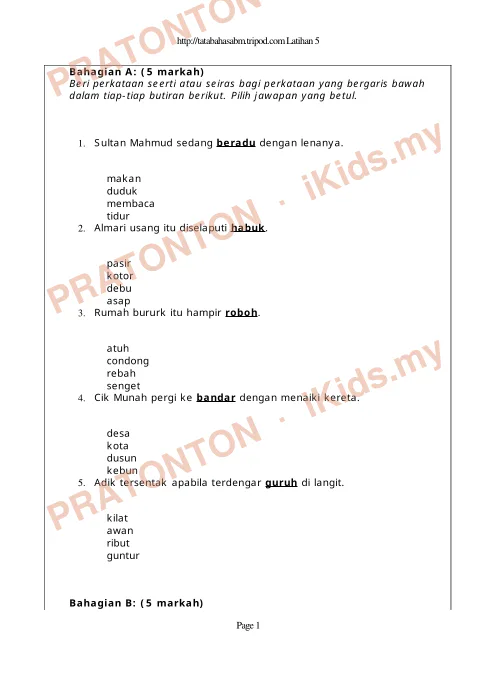 Pratonton muka 1 lembaran Latihan Bahasa Melayu — Bahasa Melayu Tahun 3