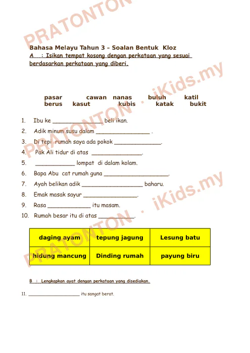 Pratonton muka 1 lembaran Latihan Bahasa Melayu — Bahasa Melayu Tahun 3