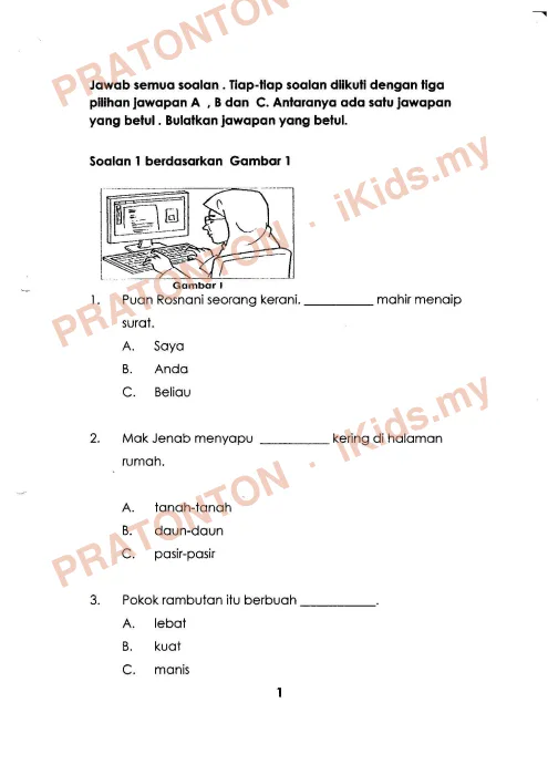 Pratonton muka 1 lembaran Latihan Bahasa Melayu Tahun 1 — Bahasa Melayu Tahun 1