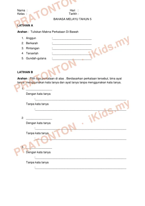 Pratonton muka 1 lembaran Latihan Bahasa Melayu Tahun 5 — Latihan A — Bahasa Melayu Tahun 5