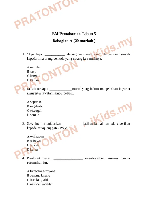 Pratonton muka 1 lembaran Latihan Bahasa Melayu Tahun 5 — Pemahaman Bahagian A — Bahasa Melayu Tahun 5