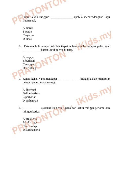 Pratonton muka 2 lembaran Latihan Bahasa Melayu Tahun 5 — Pemahaman Bahagian A — Bahasa Melayu Tahun 5
