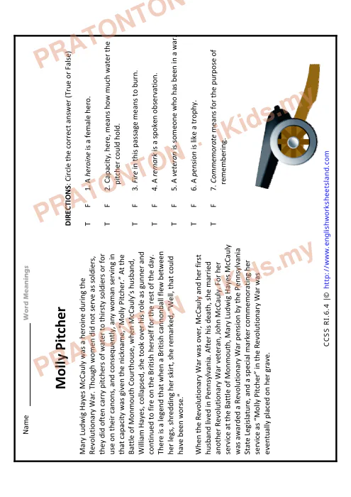 Pratonton muka 1 lembaran Latihan Kefahaman Bahasa Inggeris — Molly Pitcher — Bahasa Inggeris Tahun 6