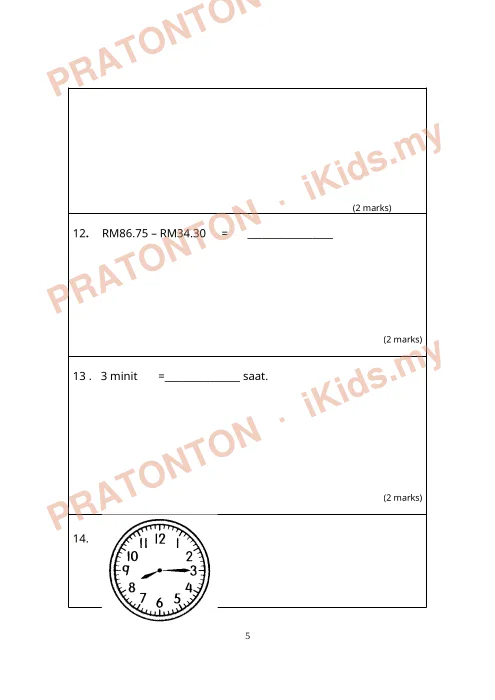 Pratonton muka 5 lembaran Latihan Matematik 15 — Matematik Tahun 3