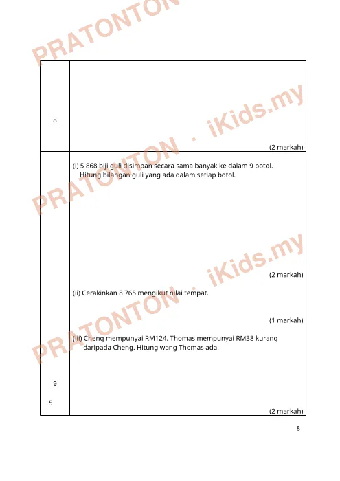 Pratonton muka 7 lembaran Latihan Matematik 24 — Matematik Tahun 3