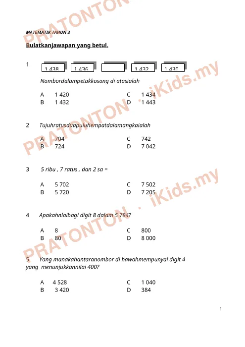Pratonton muka 1 lembaran Latihan Matematik 22 — Matematik Tahun 3