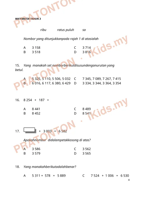 Pratonton muka 4 lembaran Latihan Matematik 22 — Matematik Tahun 3