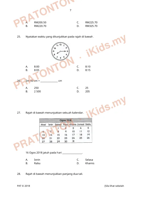 Pratonton muka 7 lembaran Latihan Matematik 1 — Matematik Tahun 3