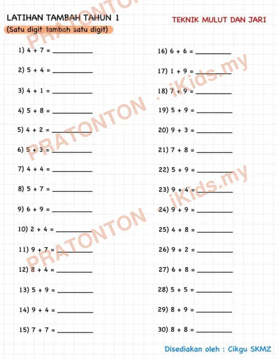 Pratonton muka 1 lembaran Latihan Matematik Tahun 1 — Matematik Tahun 1