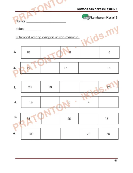Pratonton muka 1 lembaran Latihan Matematik Tahun 1 — Matematik Tahun 1