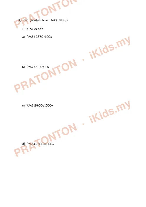 Pratonton muka 2 lembaran Latihan Matematik Tahun 5 — Bahagi Nilai Wang — Matematik Tahun 5
