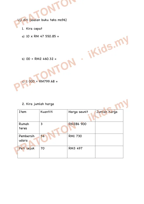 Pratonton muka 2 lembaran Latihan Matematik Tahun 5 — Darab Nilai Wang — Matematik Tahun 5