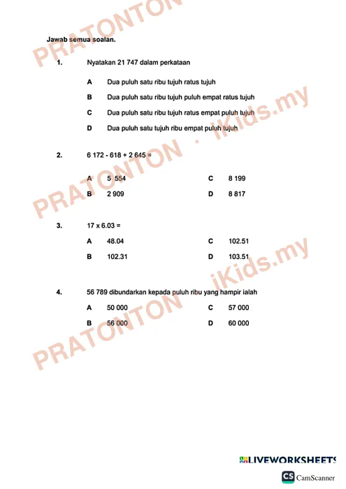 Pratonton muka 1 lembaran Latihan Matematik Tahun 5 — Nombor Bulat dan Perpuluhan — Matematik Tahun 5