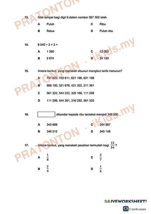 Pratonton muka 4 lembaran Latihan Matematik Tahun 5 — Nombor Bulat dan Perpuluhan — Matematik Tahun 5