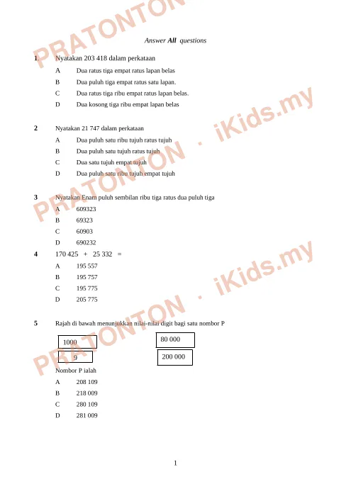 Pratonton muka 1 lembaran Latihan Matematik Tahun 5 — Nombor Bulat (Dwibahasa) — Matematik Tahun 5
