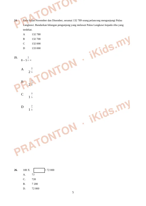 Pratonton muka 5 lembaran Latihan Matematik Tahun 5 — Nombor Bulat (Dwibahasa) — Matematik Tahun 5
