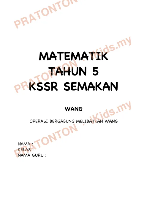 Pratonton muka 1 lembaran Latihan Matematik Tahun 5 — Operasi Bergabung Melibatkan Wang — Matematik Tahun 5
