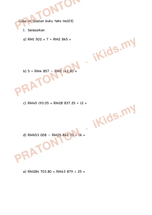 Pratonton muka 2 lembaran Latihan Matematik Tahun 5 — Operasi Bergabung Melibatkan Wang — Matematik Tahun 5
