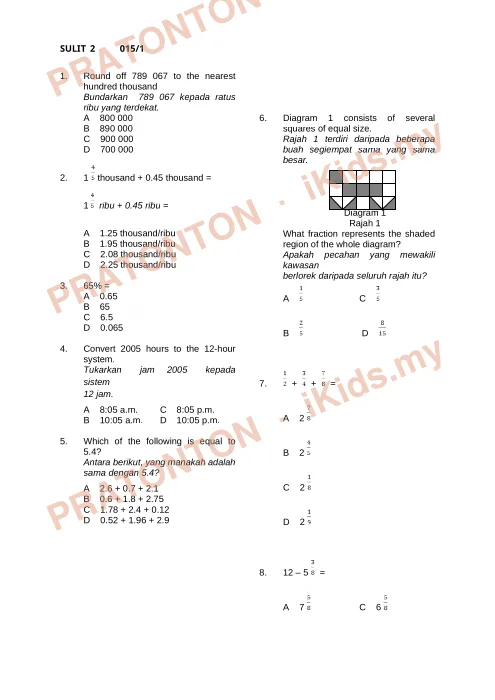 Pratonton muka 1 lembaran Latihan Matematik Tahun 5 — Pembundaran (Dwibahasa) — Matematik Tahun 5