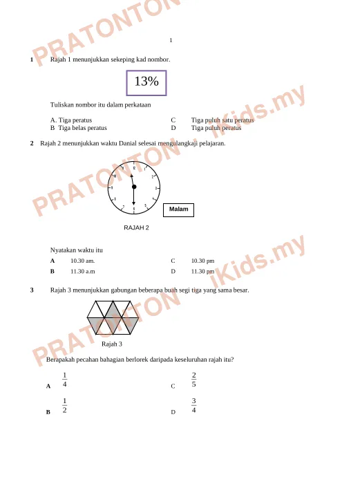 Pratonton muka 1 lembaran Latihan Matematik Tahun 5 — Peratus dan Pecahan — Matematik Tahun 5