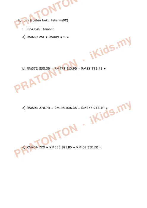 Pratonton muka 2 lembaran Latihan Matematik Tahun 5 — Tambah Nilai Wang — Matematik Tahun 5