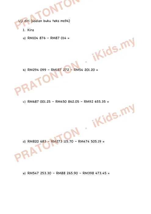 Pratonton muka 2 lembaran Latihan Matematik Tahun 5 — Tolak Nilai Wang — Matematik Tahun 5
