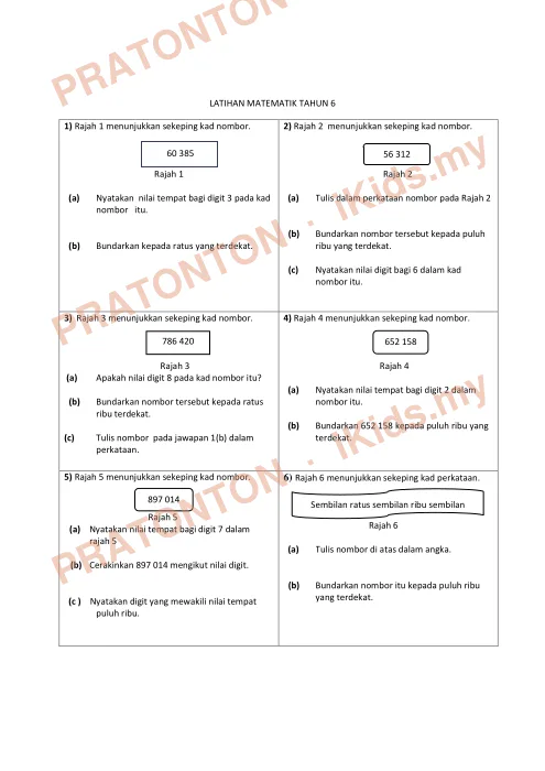 Pratonton muka 1 lembaran Latihan Matematik Tahun 6 3 — Matematik Tahun 6