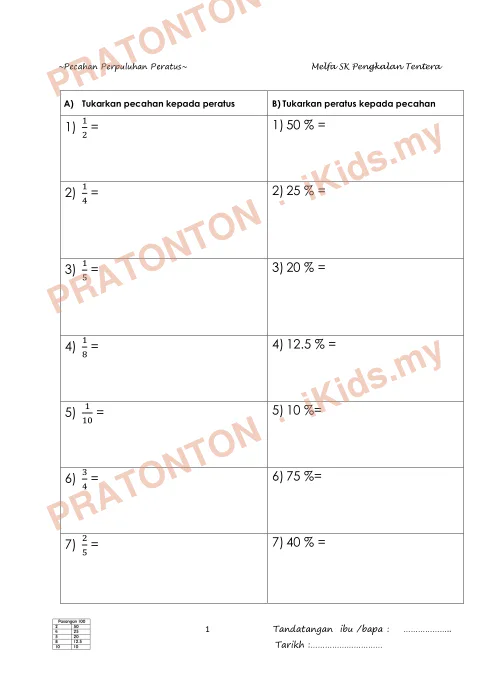 Pratonton muka 1 lembaran Latihan Matematik Tahun 6 — Perkaitan Pecahan, Perpuluhan dan Peratus — Matematik Tahun 6