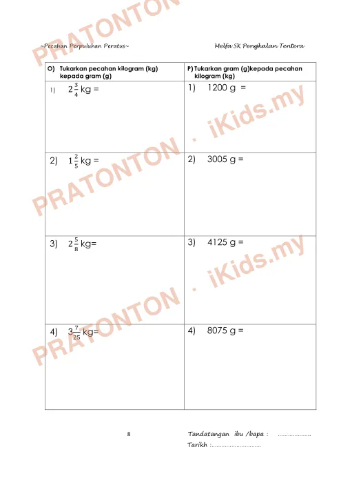 Pratonton muka 8 lembaran Latihan Matematik Tahun 6 — Perkaitan Pecahan, Perpuluhan dan Peratus — Matematik Tahun 6