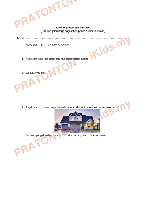 Pratonton muka 1 lembaran Latihan Matematik Tahun 6 — Matematik Tahun 6