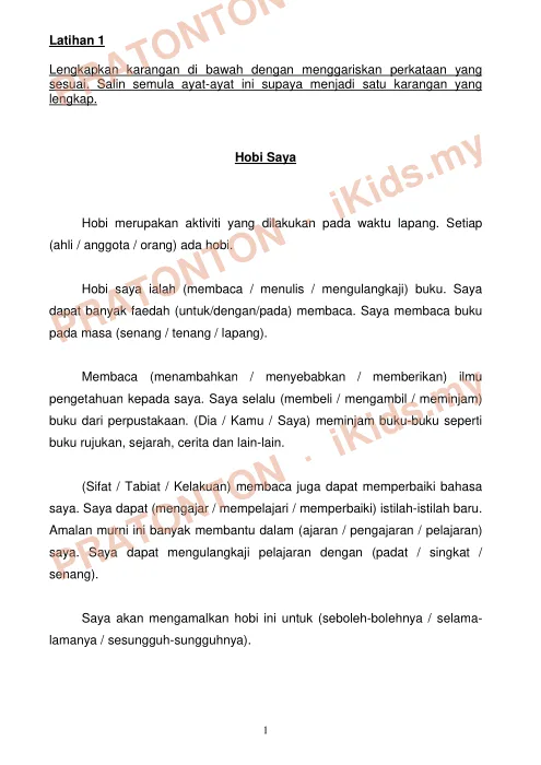 Pratonton muka 1 lembaran Latihan Melengkapkan Karangan — Latihan 1 hingga 5 — Bahasa Melayu Tahun 6