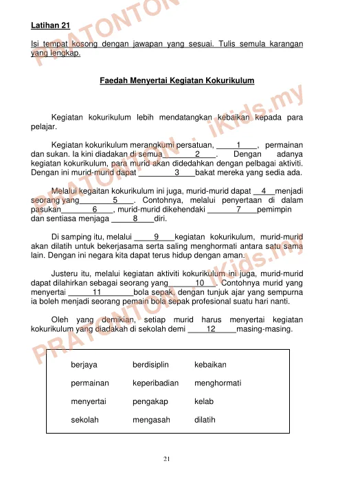 Pratonton muka 1 lembaran Latihan Melengkapkan Karangan — Latihan 21 hingga 25 — Bahasa Melayu Tahun 6