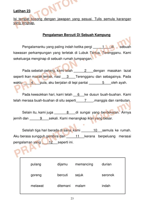 Pratonton muka 3 lembaran Latihan Melengkapkan Karangan — Latihan 21 hingga 25 — Bahasa Melayu Tahun 6