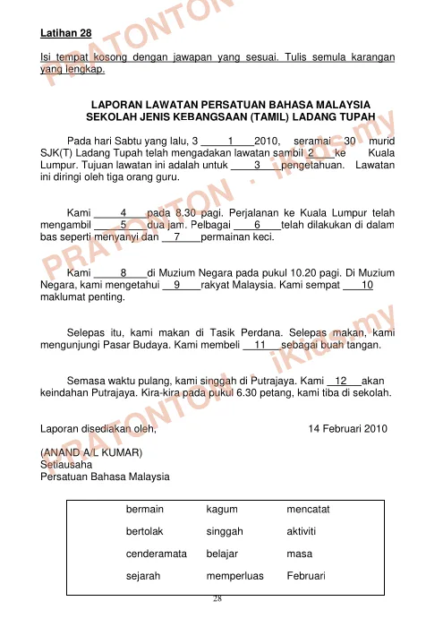 Pratonton muka 3 lembaran Latihan Melengkapkan Karangan — Latihan 26 hingga 30 — Bahasa Melayu Tahun 6
