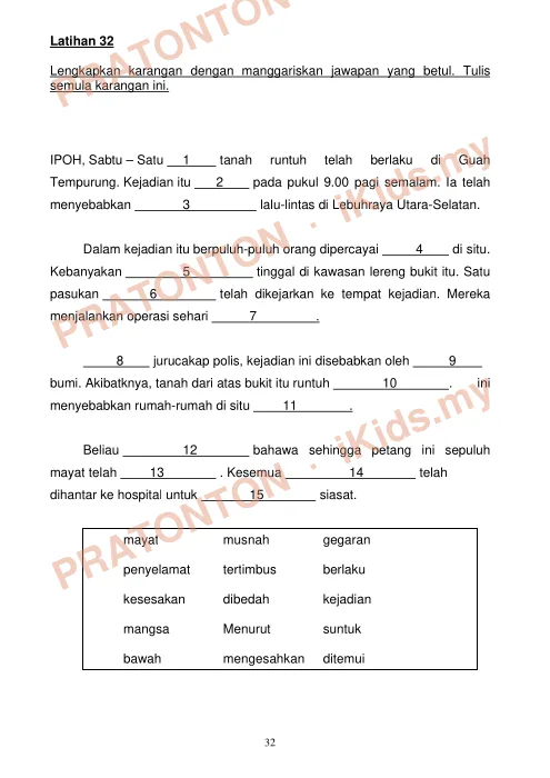 Pratonton muka 2 lembaran Latihan Melengkapkan Karangan — Latihan 31 hingga 34 — Bahasa Melayu Tahun 6