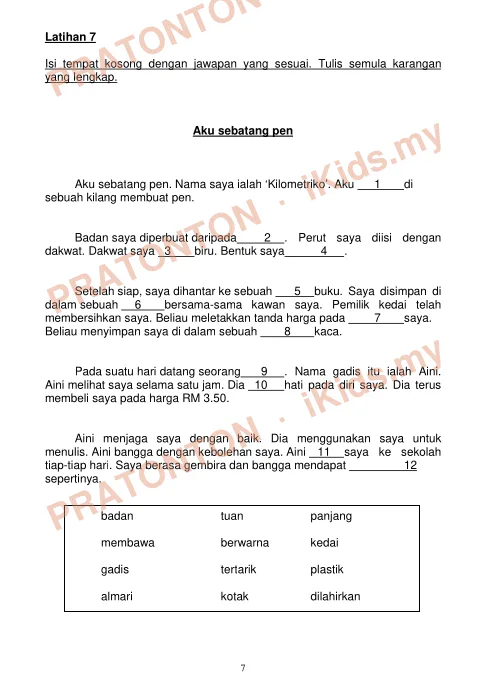 Pratonton muka 3 lembaran Latihan Melengkapkan Karangan — Latihan 6 hingga 10 — Bahasa Melayu Tahun 6