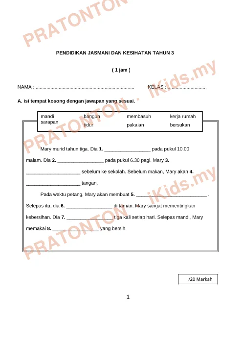Pratonton muka 1 lembaran Latihan Pendidikan Kesihatan 3 — Pendidikan Kesihatan Tahun 3