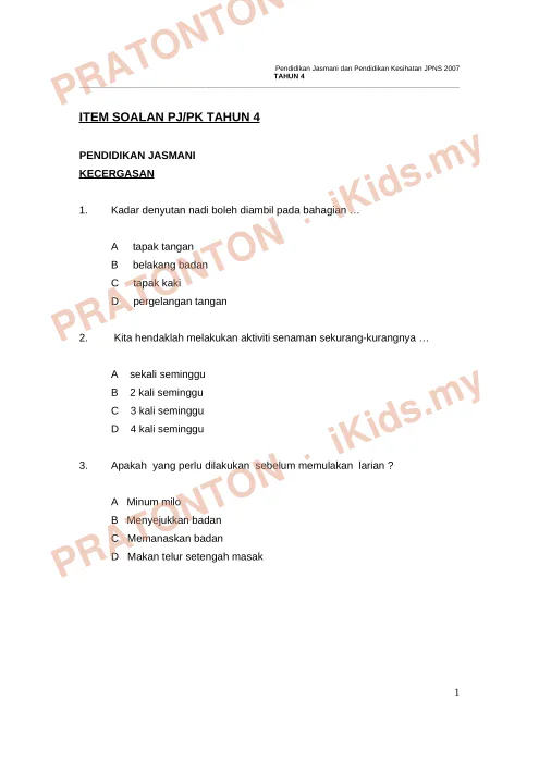 Pratonton muka 1 lembaran Latihan Pendidikan Kesihatan 7 — Pendidikan Kesihatan Tahun 4