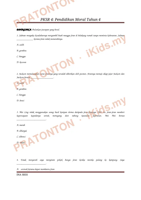 Pratonton muka 1 lembaran Latihan Pendidikan Moral 12 — Pendidikan Moral Tahun 4