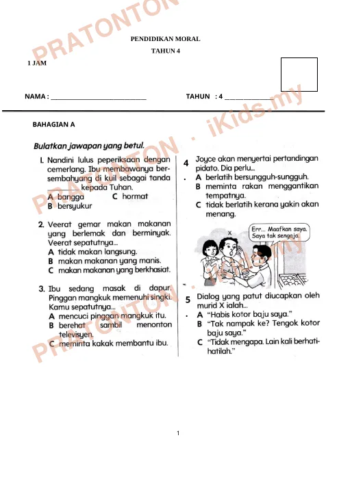 Pratonton muka 1 lembaran Latihan Pendidikan Moral 9 — Pendidikan Moral Tahun 4