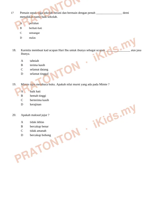 Pratonton muka 4 lembaran Latihan Pendidikan Moral 20 — Pendidikan Moral Tahun 3