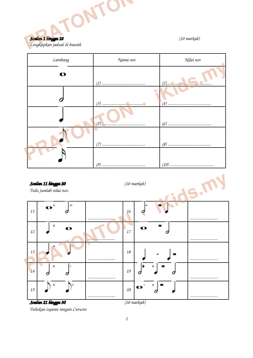 Pratonton muka 1 lembaran Latihan Pendidikan Muzik Tahun 5 — Lambang dan Nilai Not — Pendidikan Kesenian Tahun 5