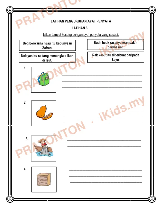 Pratonton muka 3 lembaran LATIHAN PENGUKUHAN AYAT PENYATA — Bahasa Melayu Tahun 1