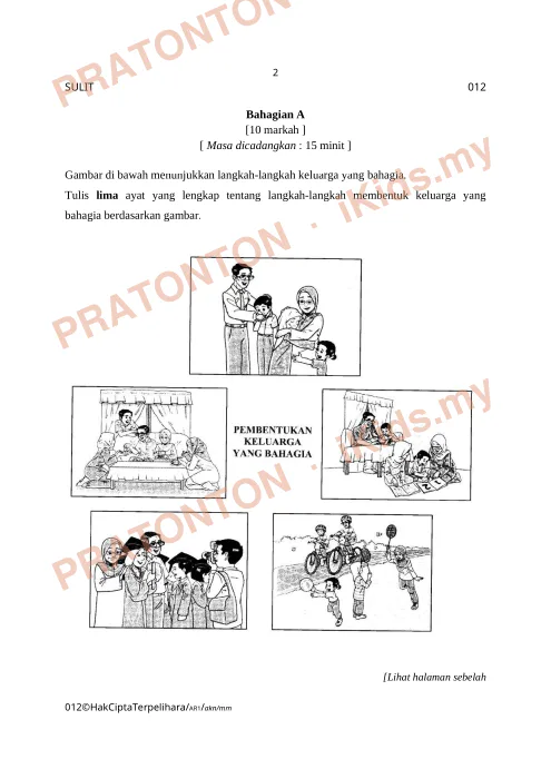 Pratonton muka 1 lembaran Latihan Penulisan Bahagian A — Keluarga Bahagia — Bahasa Melayu Tahun 6