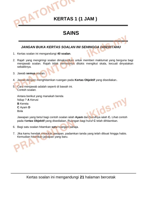 Pratonton muka 1 lembaran Latihan Sains Kertas 1 — 40 Soalan Objektif — Sains Tahun 6
