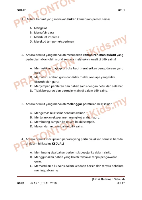 Pratonton muka 1 lembaran Latihan Sains Kertas 1 — Kemahiran Proses Sains — Sains Tahun 6