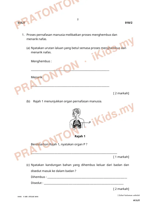 Pratonton muka 1 lembaran Latihan Sains Kertas 2 — Pernafasan Manusia — Sains Tahun 6
