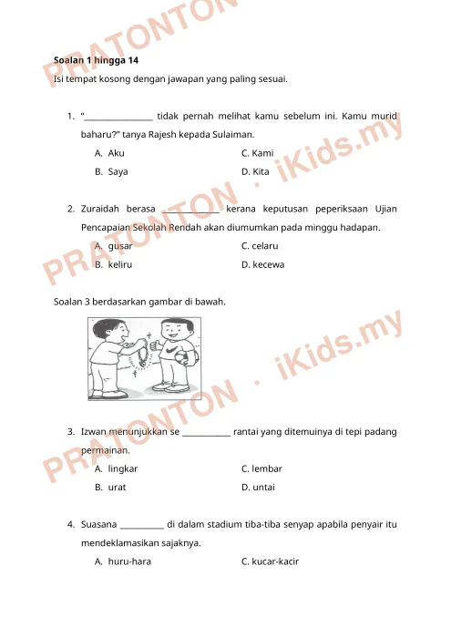 Pratonton muka 1 lembaran Latihan Tatabahasa — Soalan 1 hingga 14 — Bahasa Melayu Tahun 6