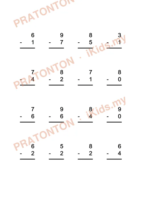 Pratonton muka 1 lembaran Latihan Tolak — Matematik Tahun 2
