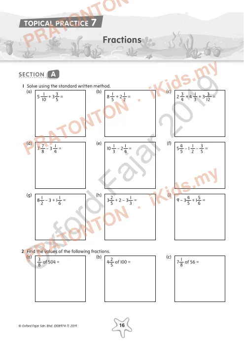 Pratonton muka 1 lembaran Latihan Topikal Matematik Tahun 5 — Pecahan (Bahasa Inggeris) — Matematik Tahun 5